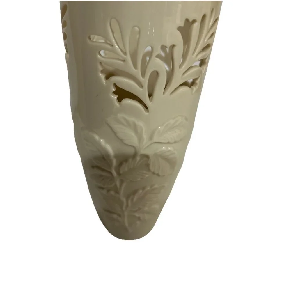 Lenox Westbury Vase  Embossed Leaf Pierced Cutout Ivory Gold Trim 6 7/8